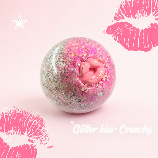 Stardust Kiss pink crunchy squishy with silver glitter, star confetti and pink lip centerpiece