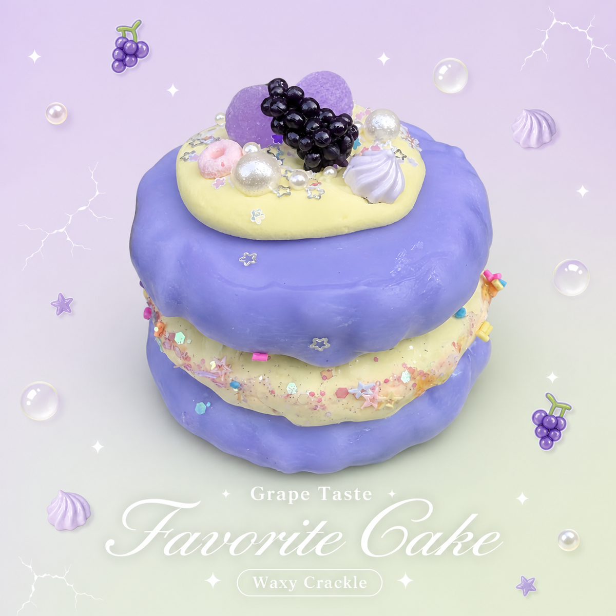 Purple grape cake crunchy squishy with waxy crackle texture, grape toppings and handmade dessert details